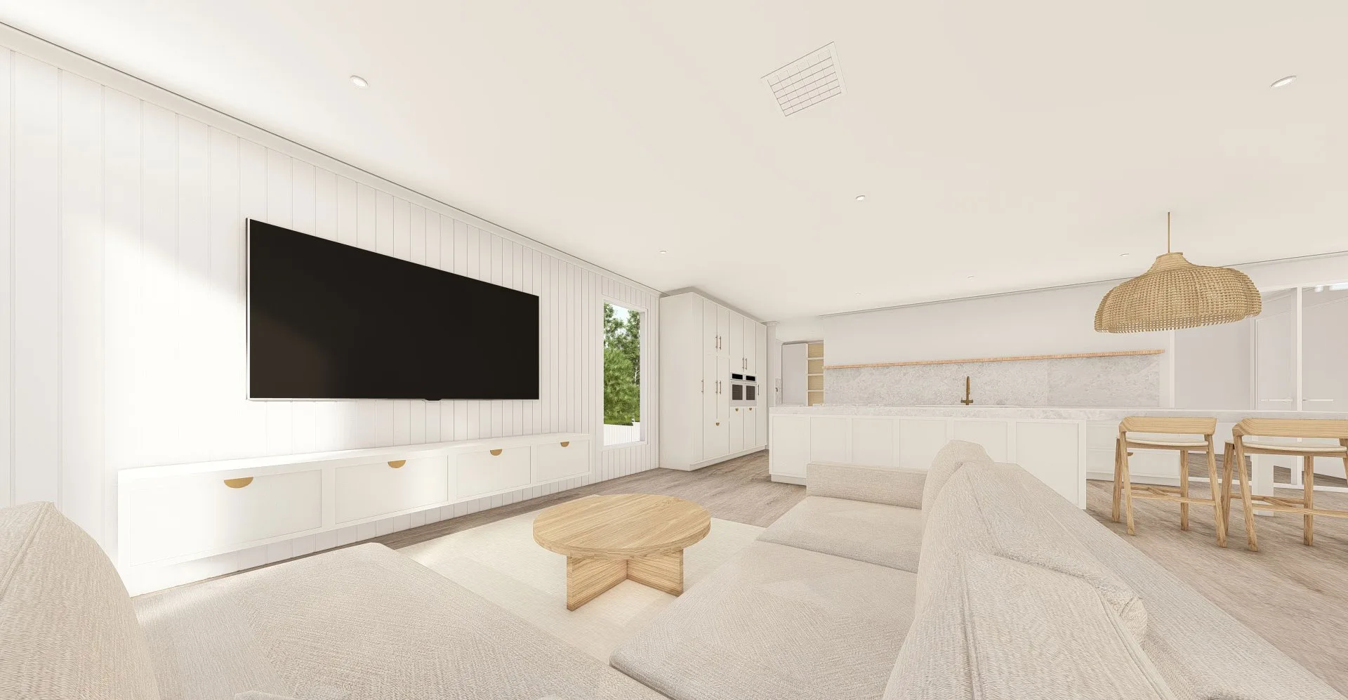 Exmouth III home — open plan living, kitchen and dining render with rattan pendant and panelled feature wall