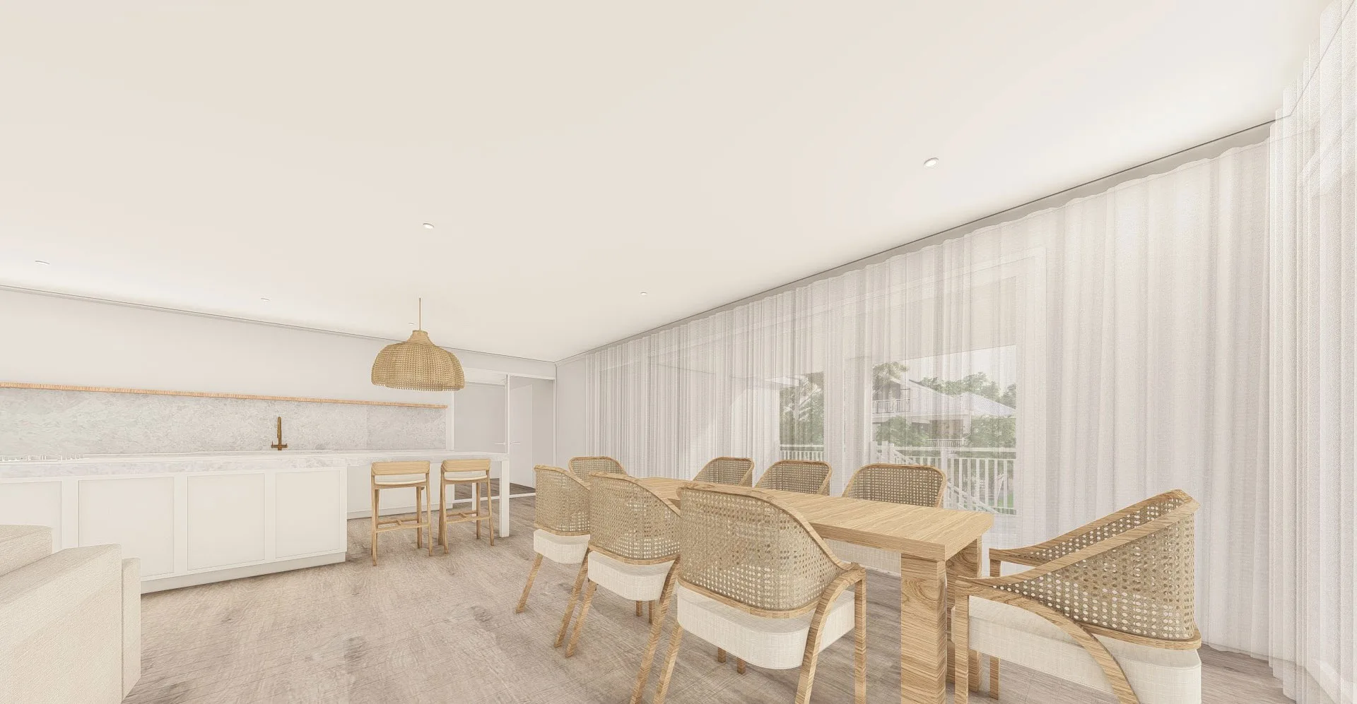 Exmouth III home — dining and kitchen render with cane chairs, sheer curtains and timber dining table