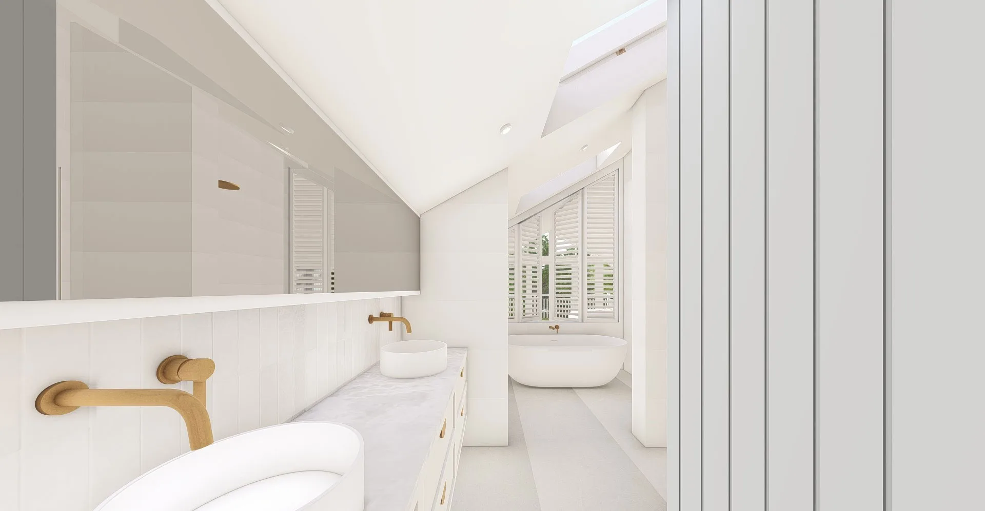 Exmouth III home — ensuite render with double vanity, brass tapware and freestanding tub