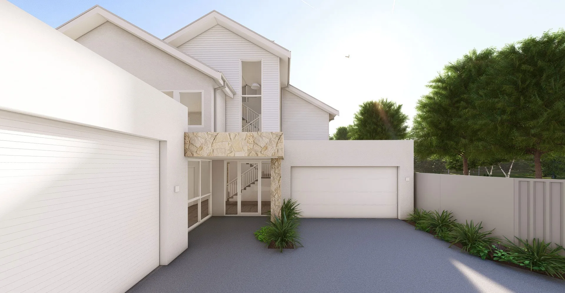 Exmouth III home — exterior render with weatherboard gable, stone feature wall and double garage