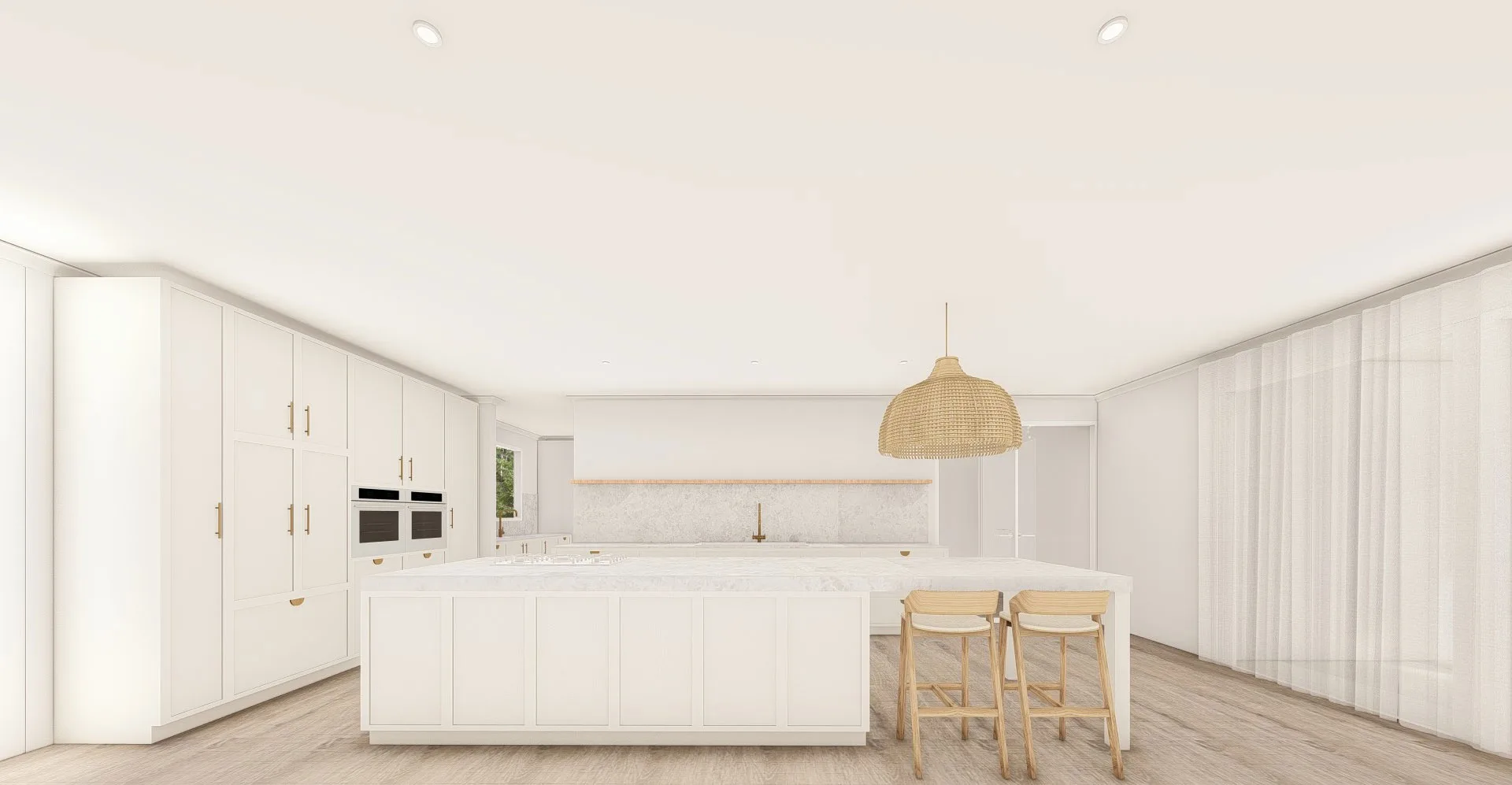 Exmouth III home — kitchen render with marble island, brass handles and rattan pendant