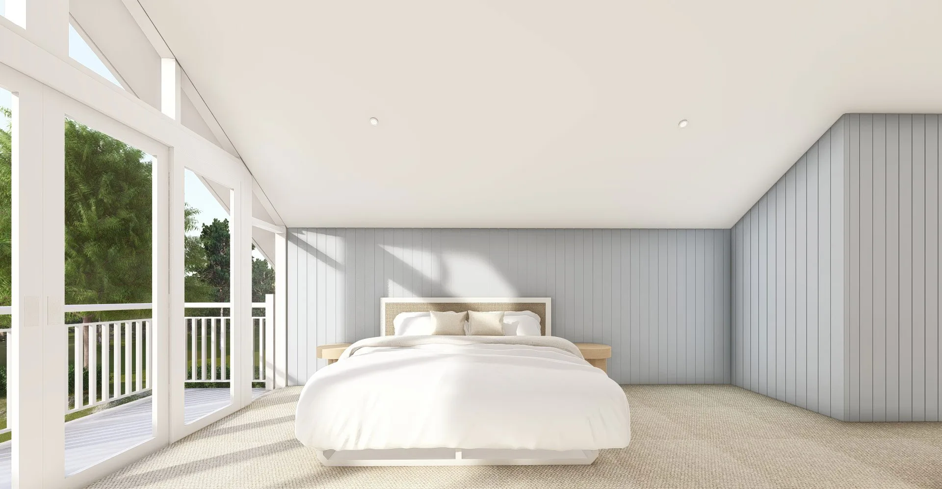 Exmouth III home — main bedroom render with cane bedhead, soft blue panelling and balcony