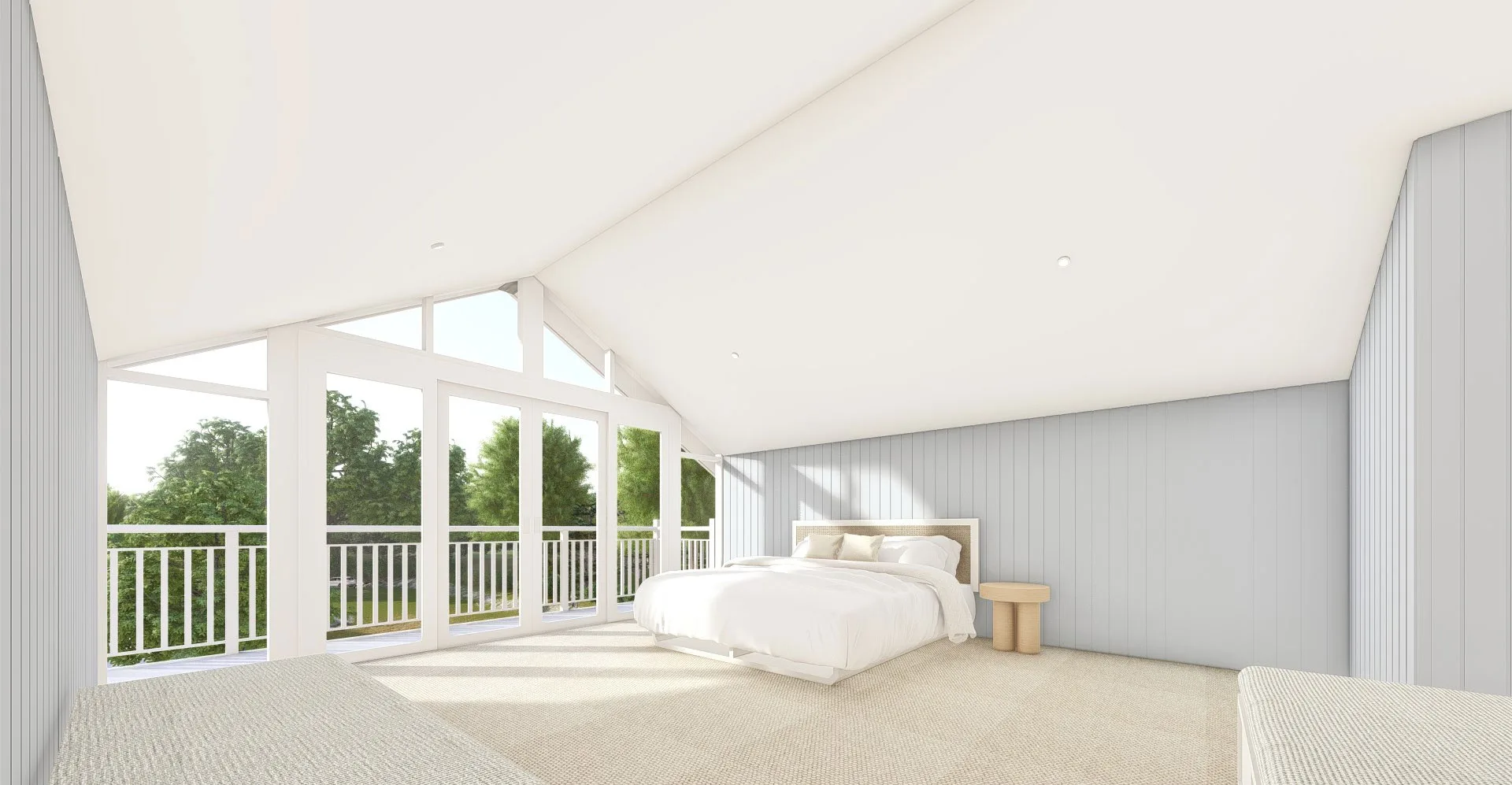 Exmouth III home — bedroom render with vaulted ceiling, gable window and balcony view